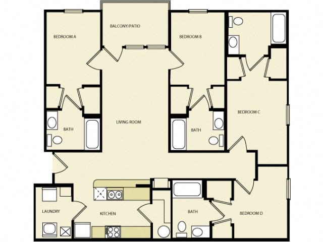 Floor plan for 4 beds, 4 baths, 1425 sqft
